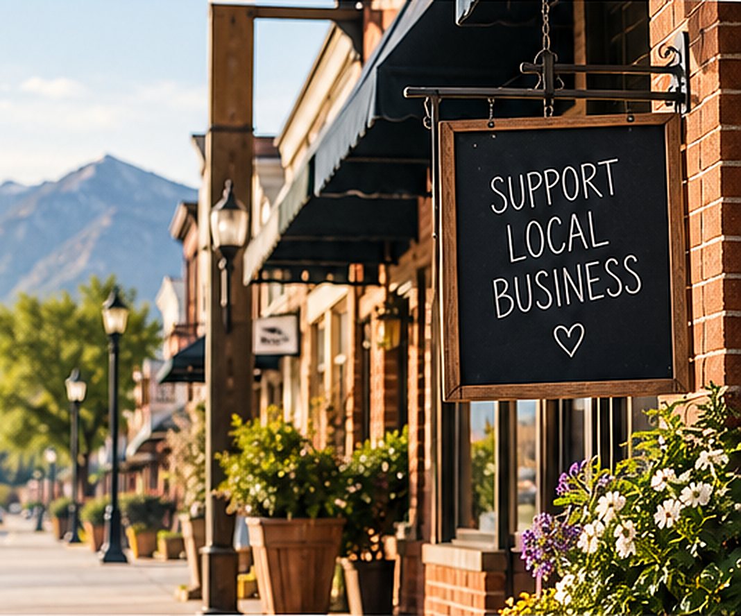 A brick Main Street storefront with a chalkboard sign that reads Support Local Business, mountains in the distance